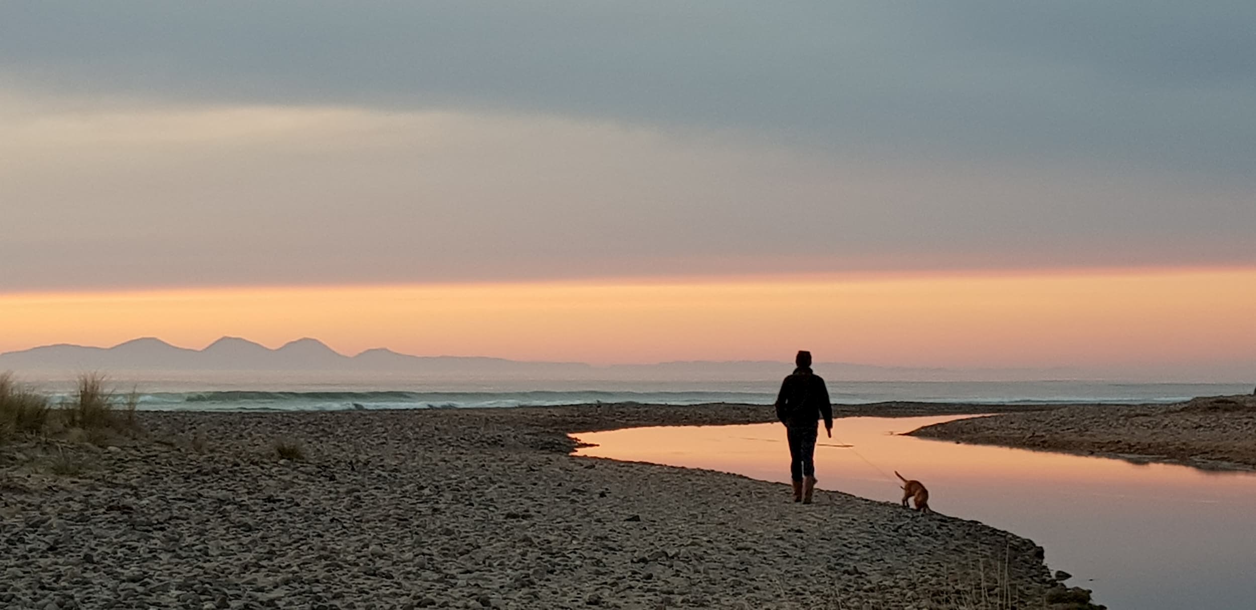 person walking dog on the beach Machrihanish Holiday park