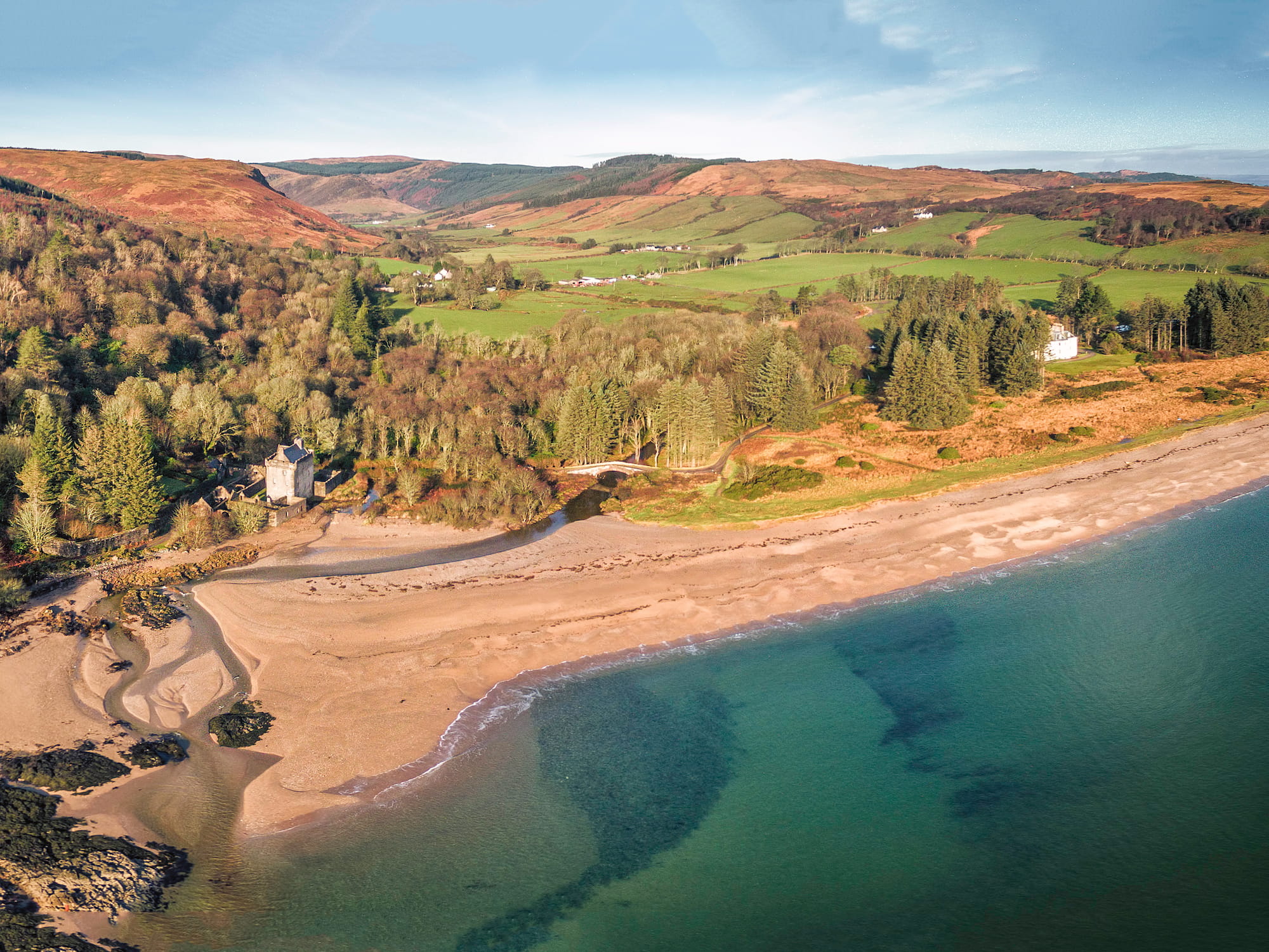 aerial view of Saddell Castle and the Kintyre coastline